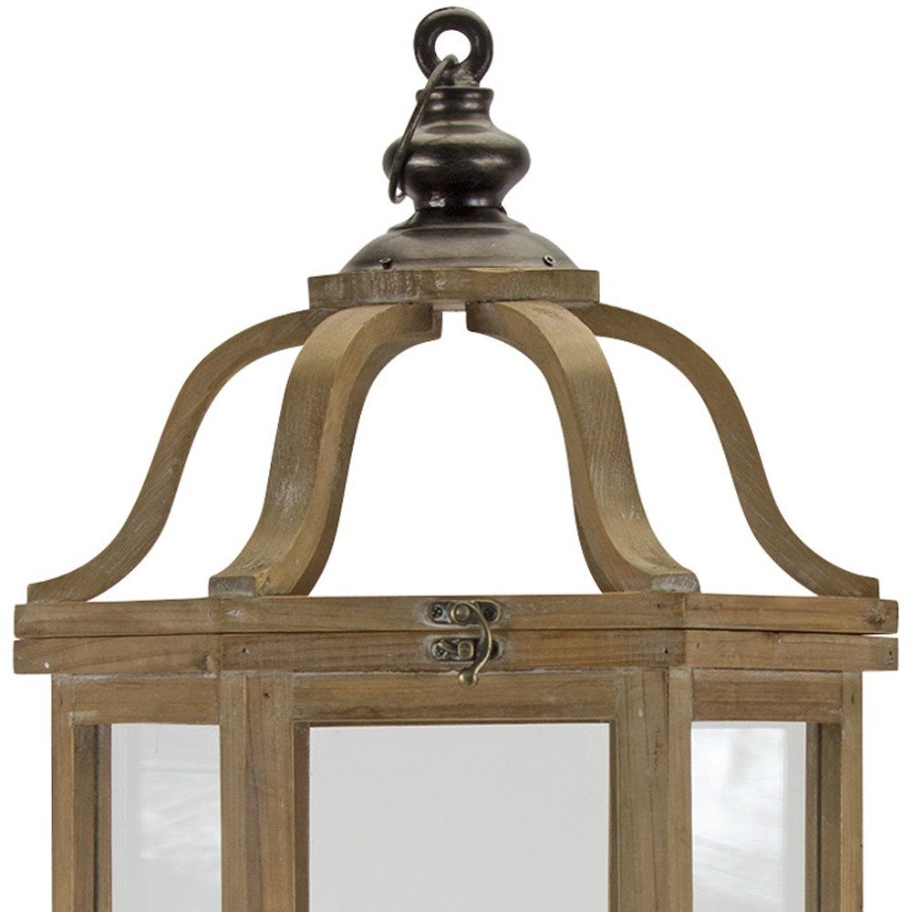 Set of Two Natural And Brown Distressed Geometric Wood And Metal Floor Lantern Candle Holders HomeRoots