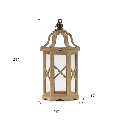 Set of Two Natural and Brown Wood and Metal Geometric Floor Lantern Candle Holders