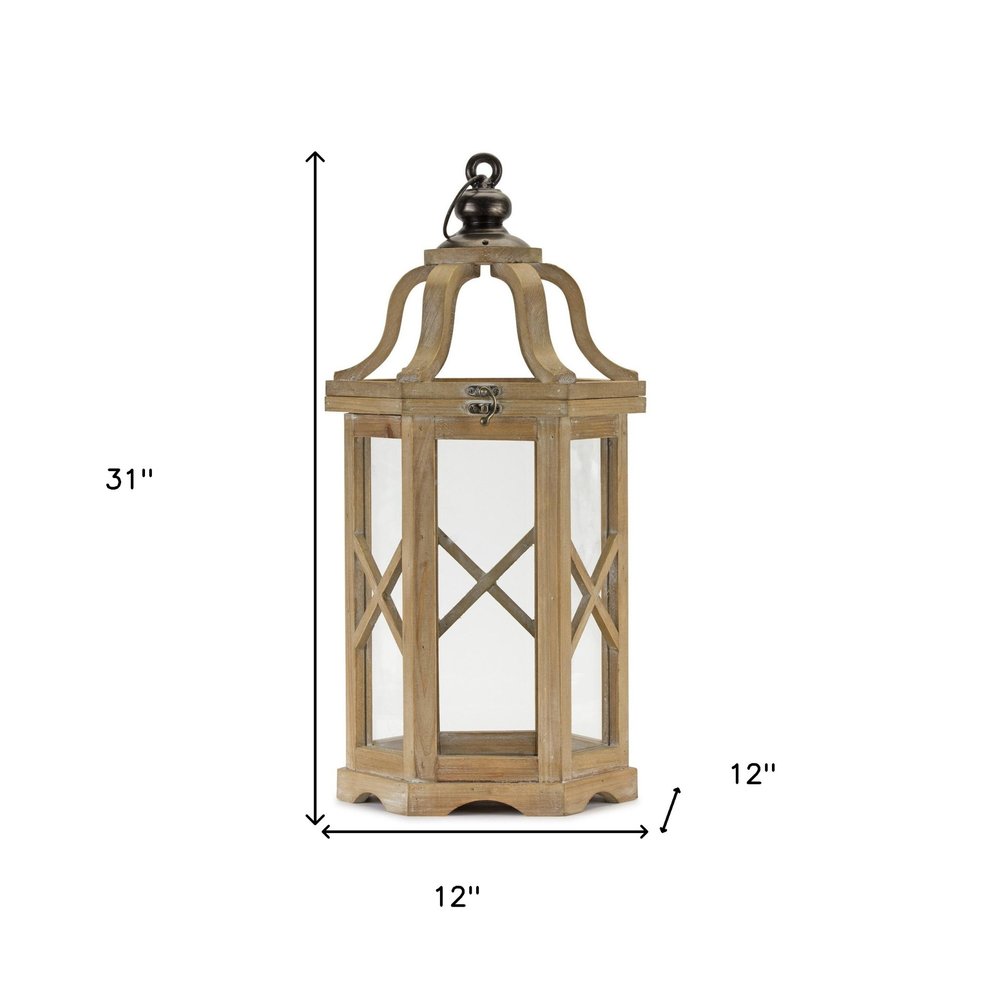 Set of Two Natural And Brown Distressed Geometric Wood And Metal Floor Lantern Candle Holders HomeRoots