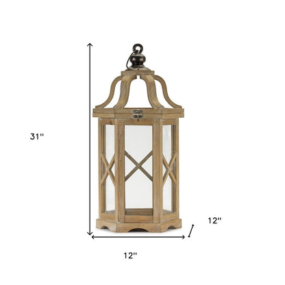 Set of Two Natural And Brown Distressed Geometric Wood And Metal Floor Lantern Candle Holders HomeRoots