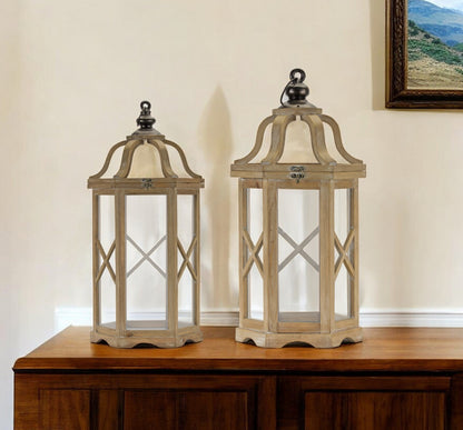 Set of Two Natural and Brown Wood and Metal Geometric Floor Lantern Candle Holders