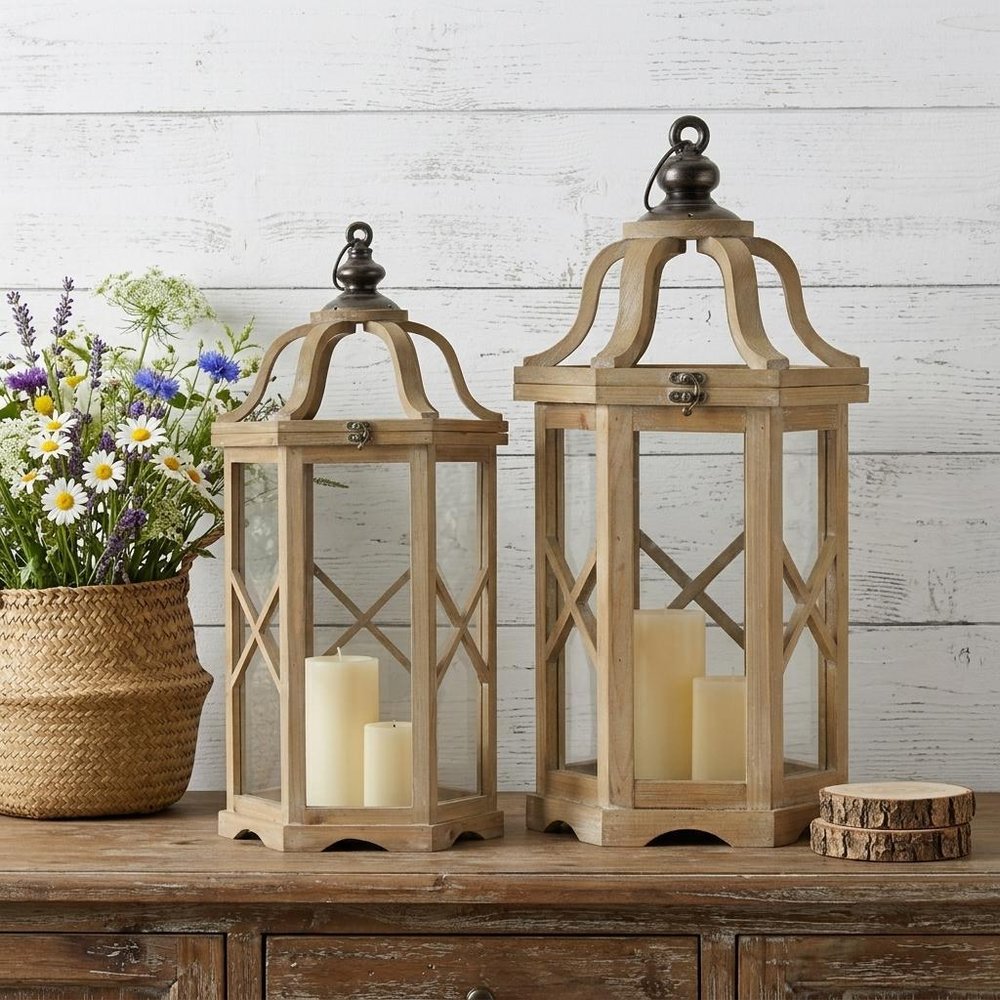 Set of Two Natural And Brown Distressed Geometric Wood And Metal Floor Lantern Candle Holders HomeRoots
