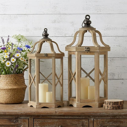 Set of Two Natural And Brown Distressed Geometric Wood And Metal Floor Lantern Candle Holders HomeRoots