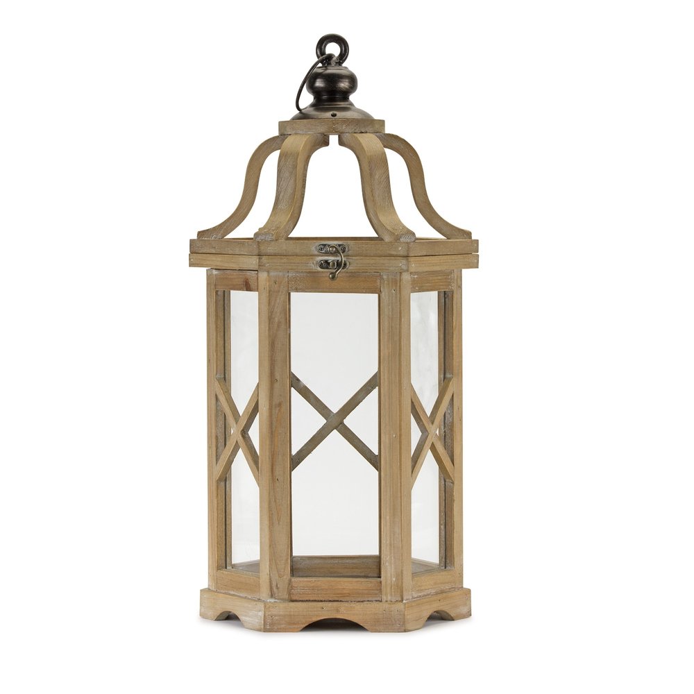 Set of Two Natural And Brown Distressed Geometric Wood And Metal Floor Lantern Candle Holders HomeRoots
