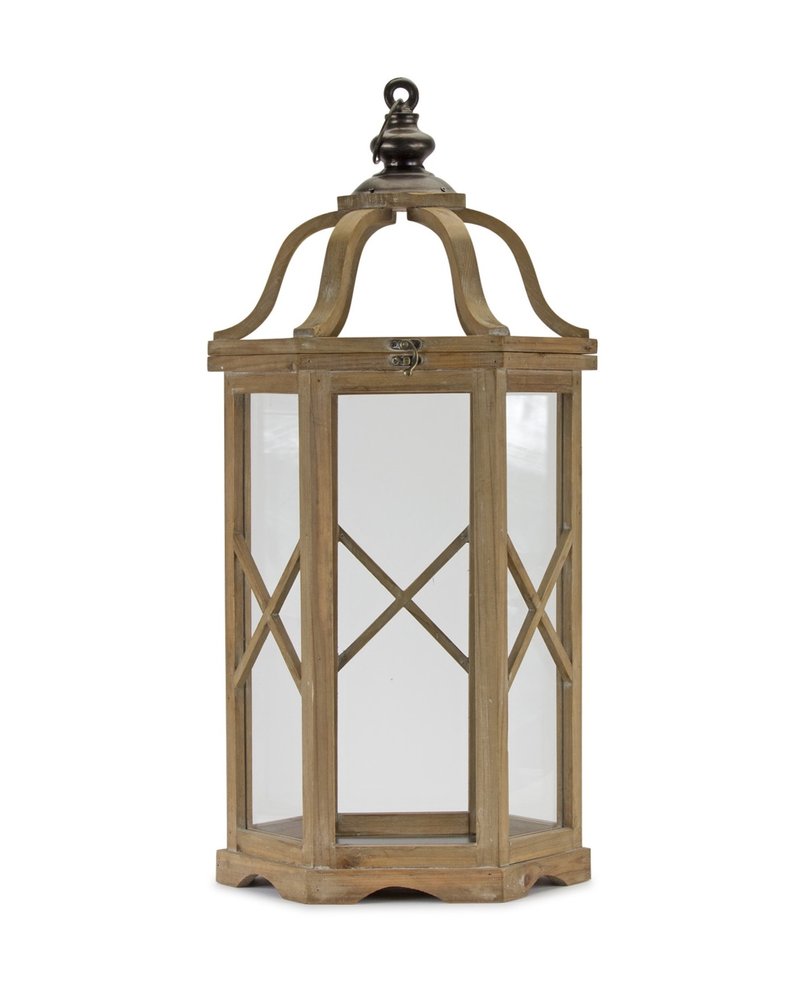 Set of Two Natural And Brown Distressed Geometric Wood And Metal Floor Lantern Candle Holders HomeRoots