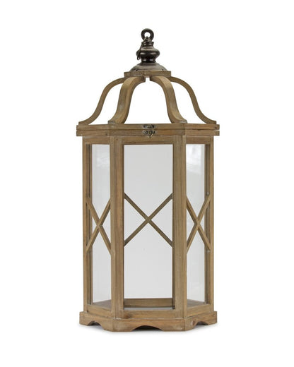Set of Two Natural And Brown Distressed Geometric Wood And Metal Floor Lantern Candle Holders HomeRoots