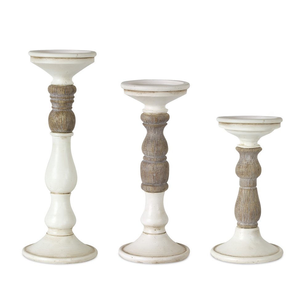 Set of Three Ivory and Natural Resin Tabletop Pillar Candle Holders HomeRoots
