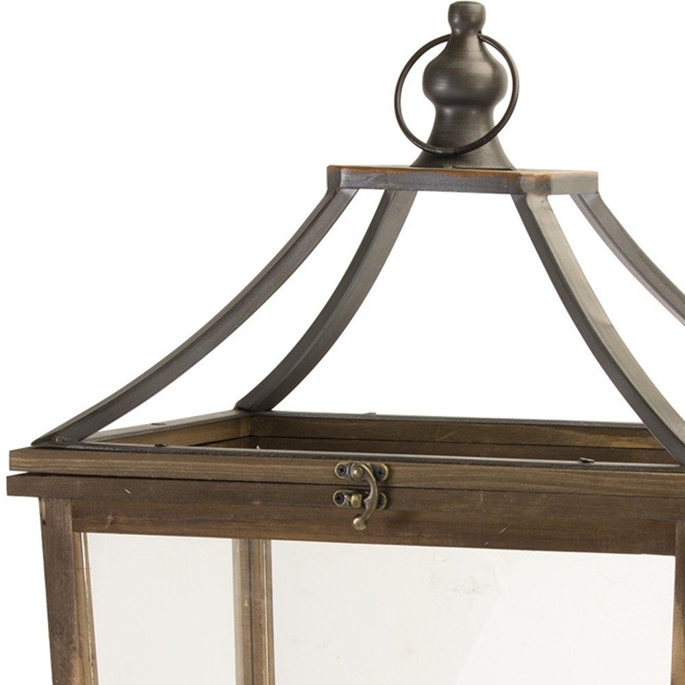 Set of Two Brown Distressed Geometric Wood And Metal Floor Lantern Candle Holders HomeRoots