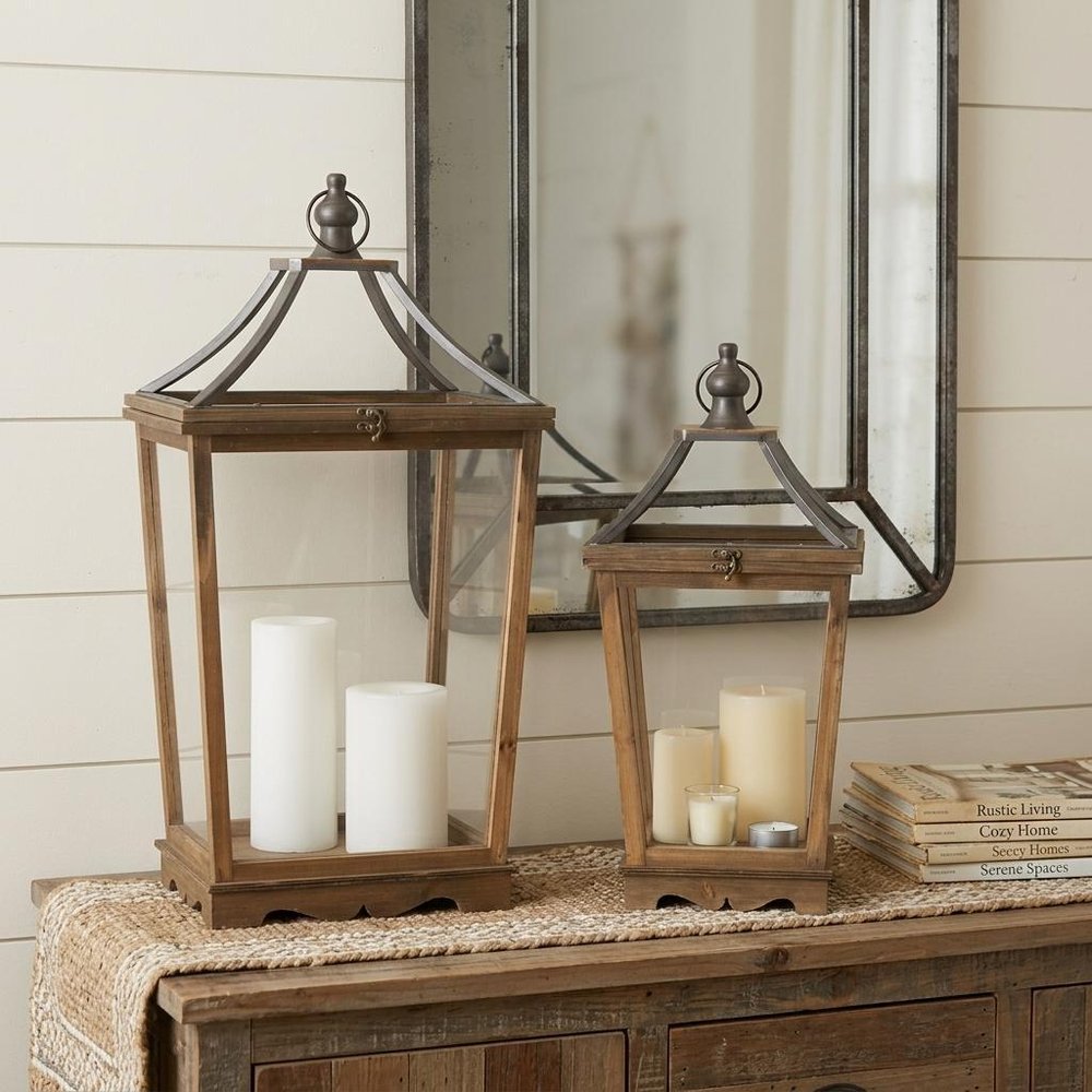 Set of Two Brown Distressed Geometric Wood And Metal Floor Lantern Candle Holders HomeRoots