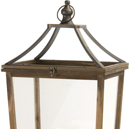 Set of Two Brown Distressed Geometric Wood And Metal Floor Lantern Candle Holders HomeRoots