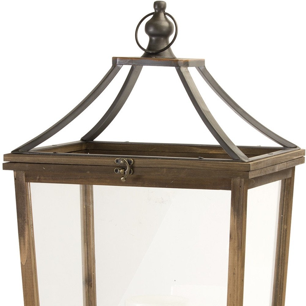 Set of Two Brown Distressed Geometric Wood And Metal Floor Lantern Candle Holders HomeRoots