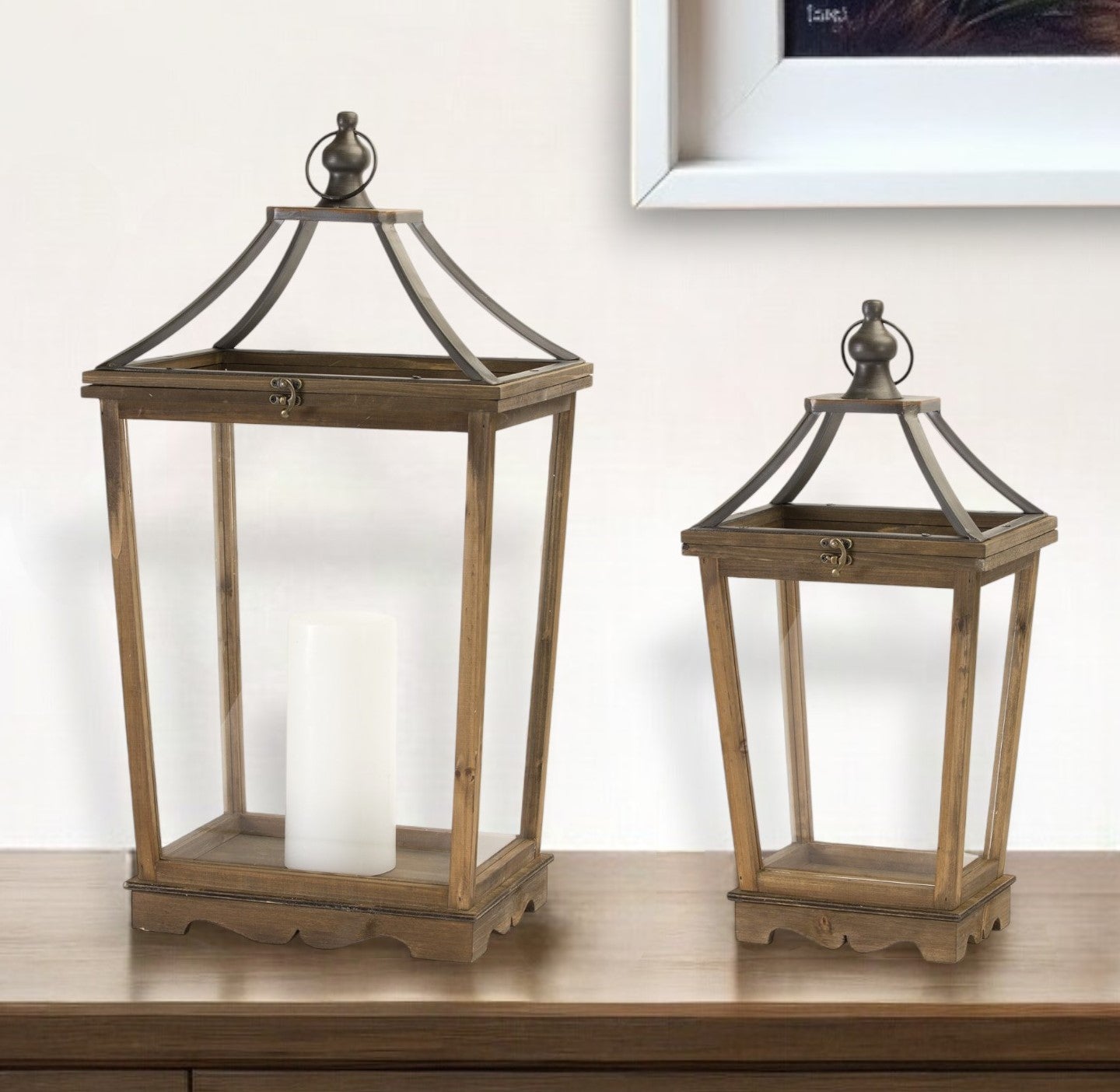 Set of Two Brown Wood and Metal Geometric Floor Lantern Candle Holders