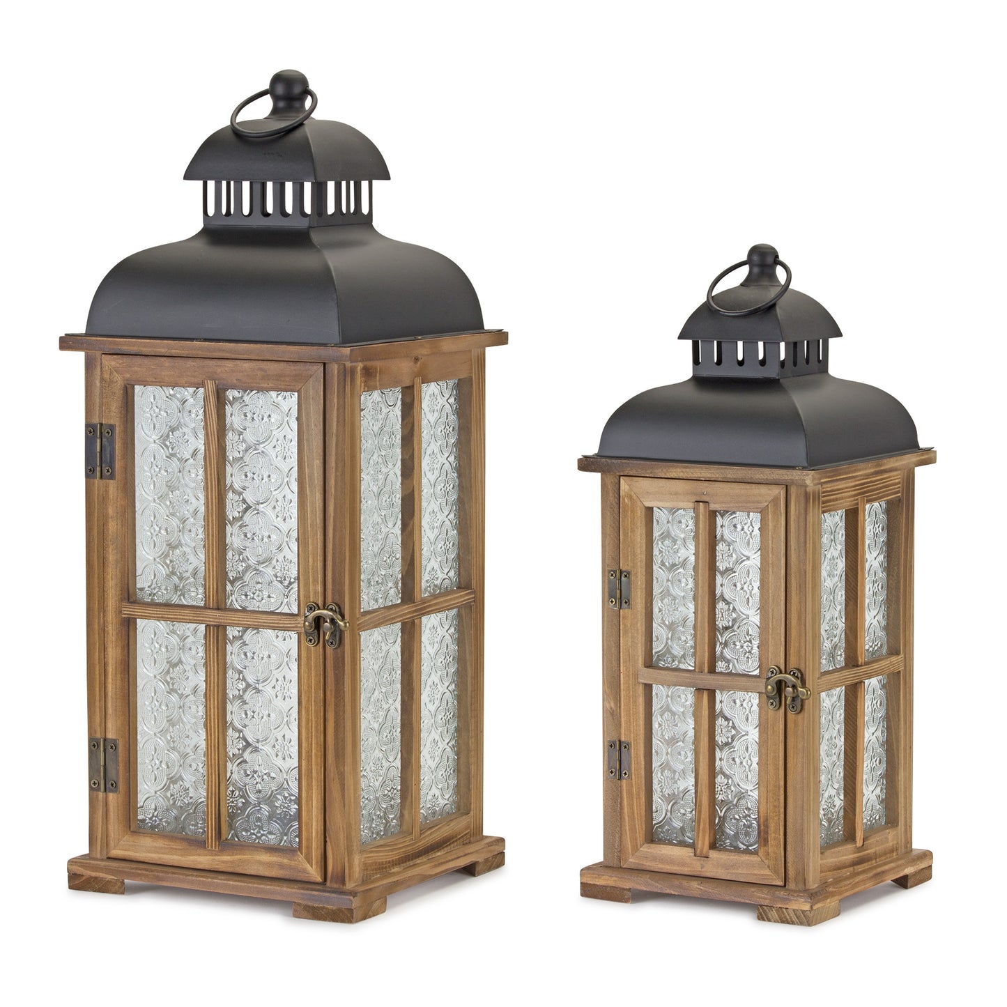 Set of Two Brown and Black Frosted Glass Wood and Metal Floor Lantern Candle Holders