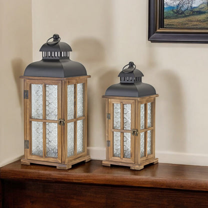 Set of Two Brown and Black Frosted Glass Wood and Metal Floor Lantern Candle Holders