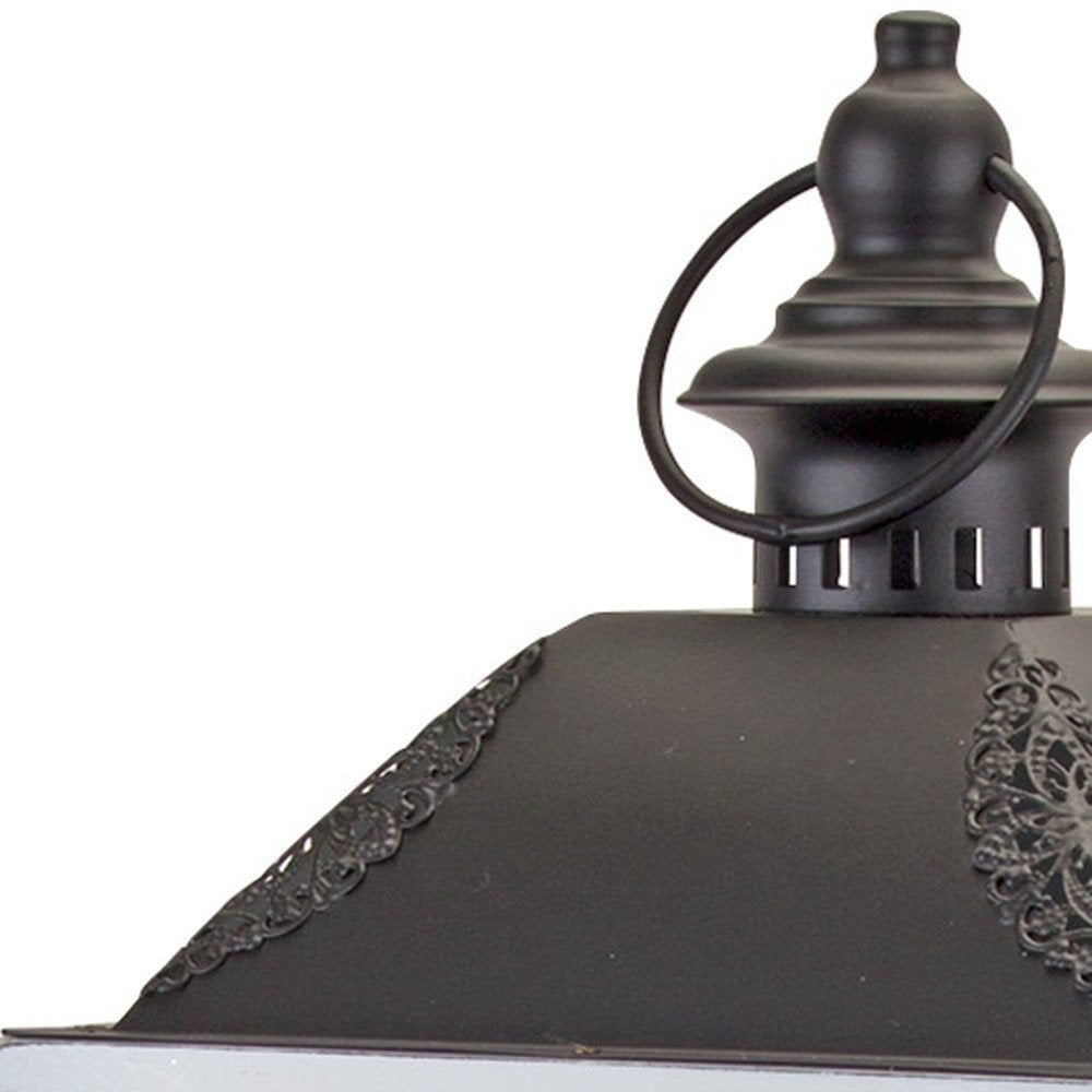 Set of Two White And Black Distressed Ornate Glass Wood And Metal Floor Lantern Candle Holders HomeRoots