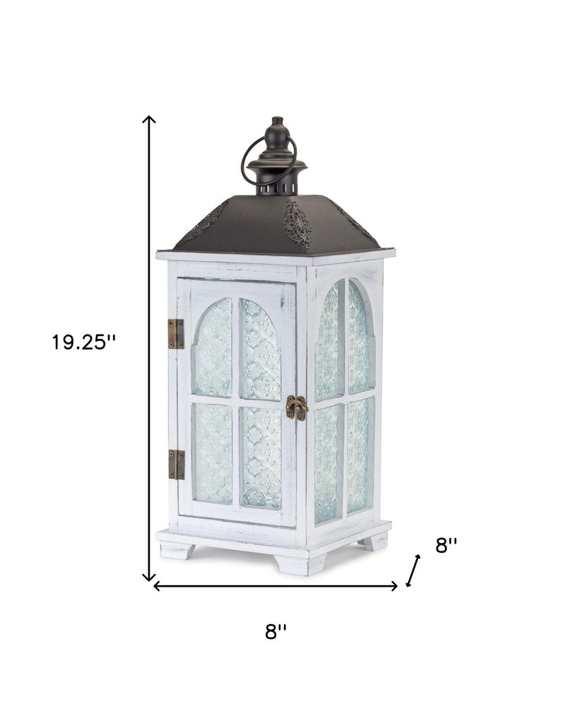 Set of Two White And Black Distressed Ornate Glass Wood And Metal Floor Lantern Candle Holders HomeRoots