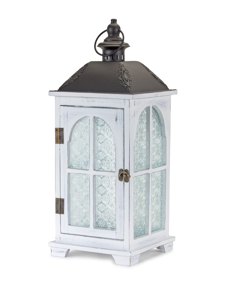 Set of Two White And Black Distressed Ornate Glass Wood And Metal Floor Lantern Candle Holders HomeRoots