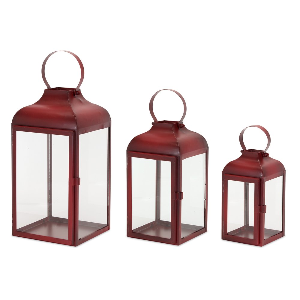 Set of Two Red Distressed Iron Floor Lantern Candle Holders HomeRoots