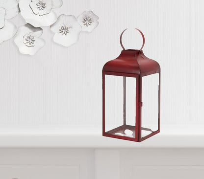 Set of Two Red Distressed Iron Floor Lantern Candle Holders HomeRoots