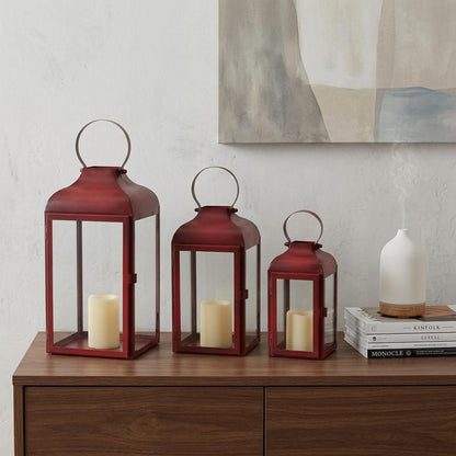 Set of Two Red Distressed Iron Floor Lantern Candle Holders HomeRoots