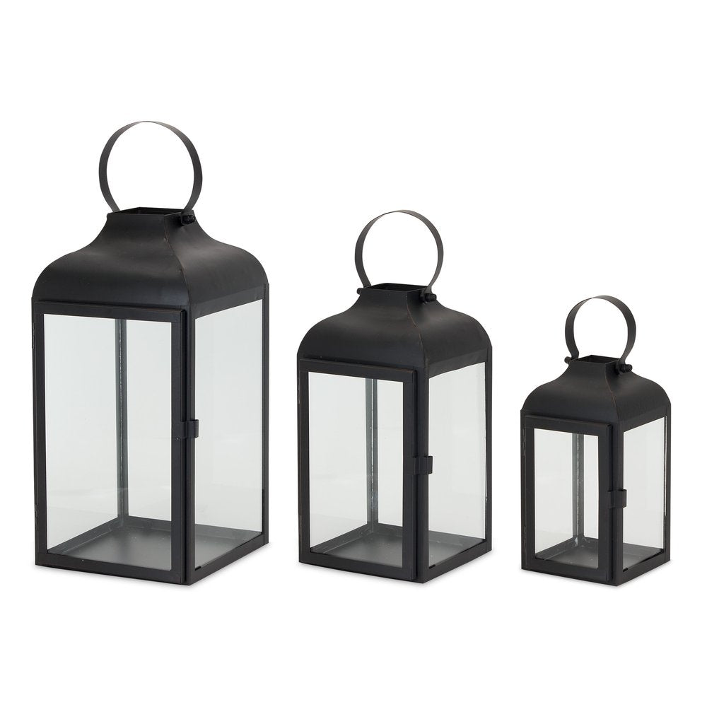 Set of Two Black Distressed Iron Floor Lantern Candle Holders HomeRoots