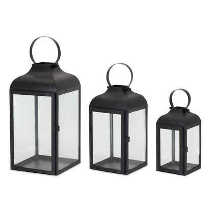 Set of Two Black Distressed Iron Floor Lantern Candle Holders HomeRoots