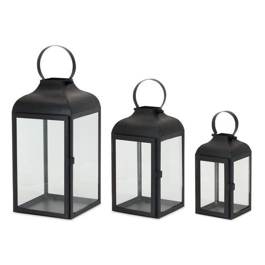 Set of Two Black Distressed Iron Floor Lantern Candle Holders HomeRoots