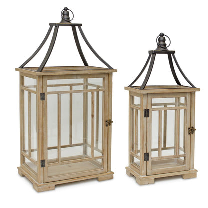 Set of Two Brown And Black Distressed Geometric Wood And Metal Tabletop Lantern Candle Holders HomeRoots
