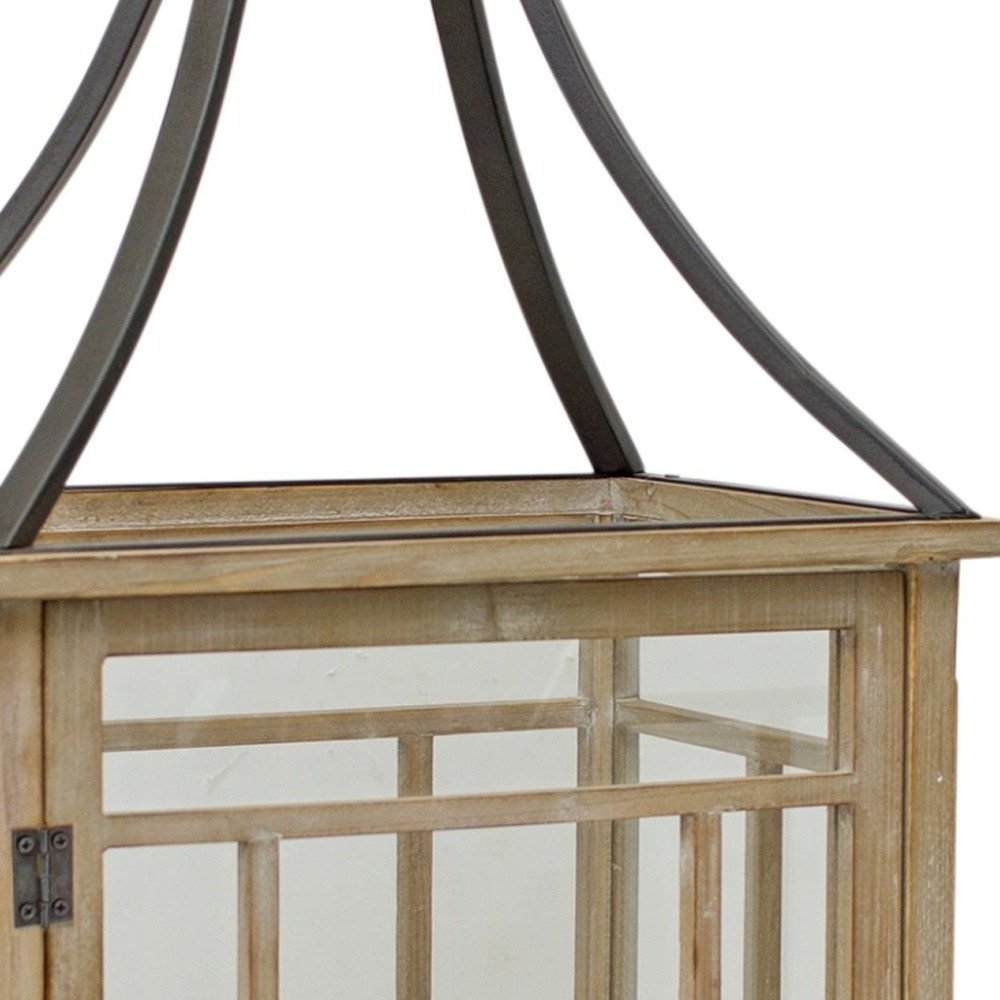 Set of Two Brown And Black Distressed Geometric Wood And Metal Tabletop Lantern Candle Holders HomeRoots