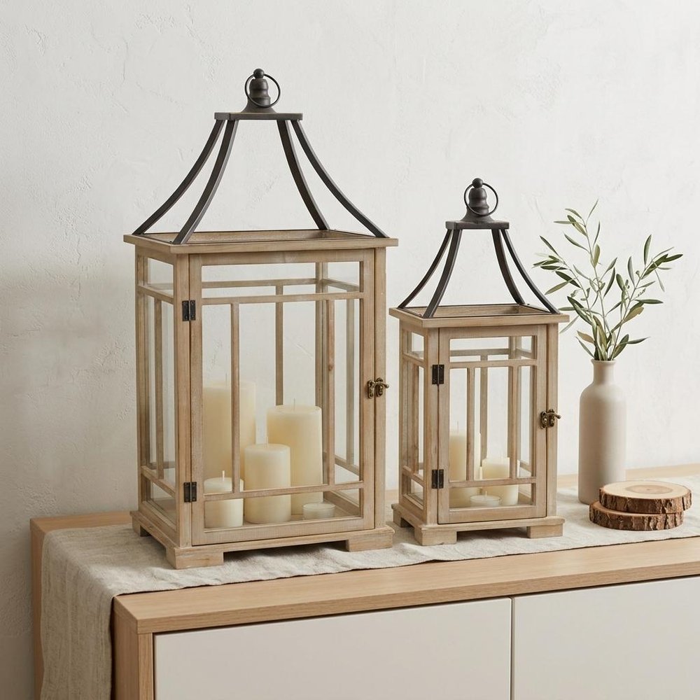 Set of Two Brown And Black Distressed Geometric Wood And Metal Tabletop Lantern Candle Holders HomeRoots