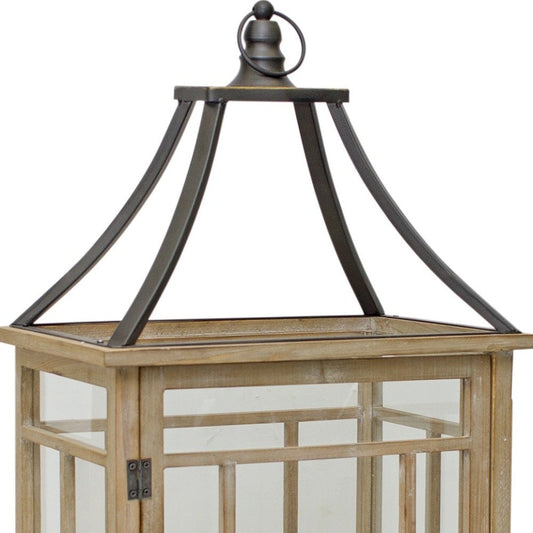 Set of Two Brown And Black Distressed Geometric Wood And Metal Tabletop Lantern Candle Holders HomeRoots