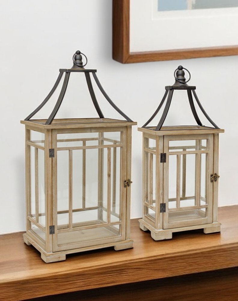 Set of Two Brown And Black Distressed Geometric Wood And Metal Tabletop Lantern Candle Holders HomeRoots