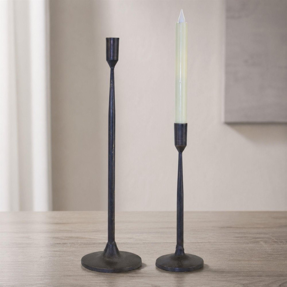 Set of Two Black Distressed Metal Tabletop Taper Candle Holders HomeRoots