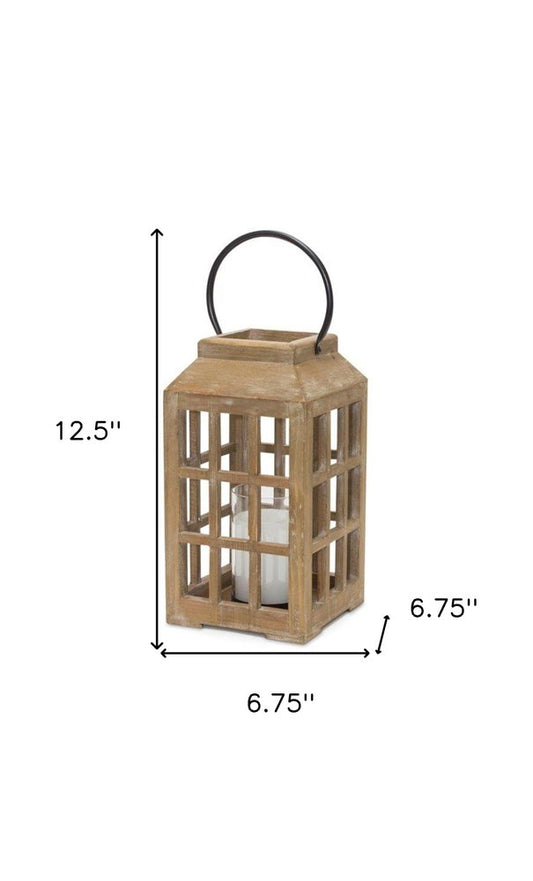 13" Natural Distressed Wood And Glass Centerpiece Lantern Candle Holder HomeRoots
