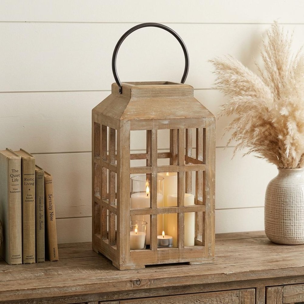 13" Natural Distressed Wood And Glass Centerpiece Lantern Candle Holder HomeRoots