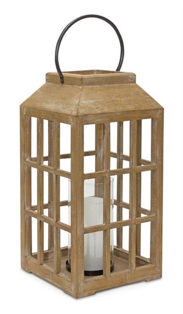 18" Natural Distressed Geometric Wood And Glass Centerpiece Lantern Candle Holder HomeRoots