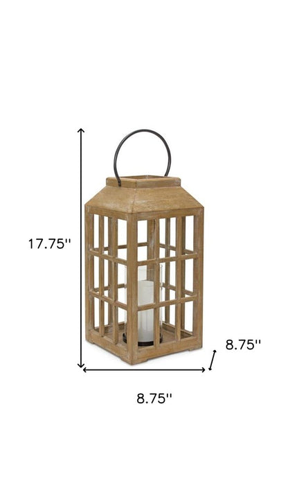 18" Natural Distressed Geometric Wood And Glass Centerpiece Lantern Candle Holder HomeRoots