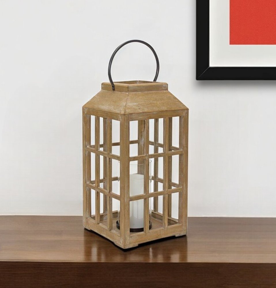 18" Natural Distressed Geometric Wood And Glass Centerpiece Lantern Candle Holder HomeRoots