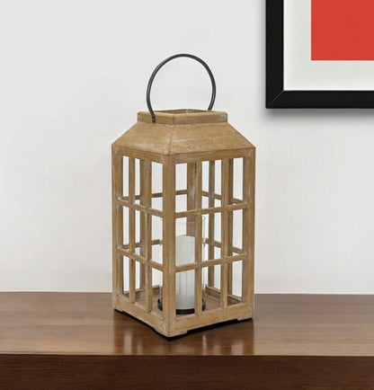 18" Natural Distressed Geometric Wood And Glass Centerpiece Lantern Candle Holder HomeRoots