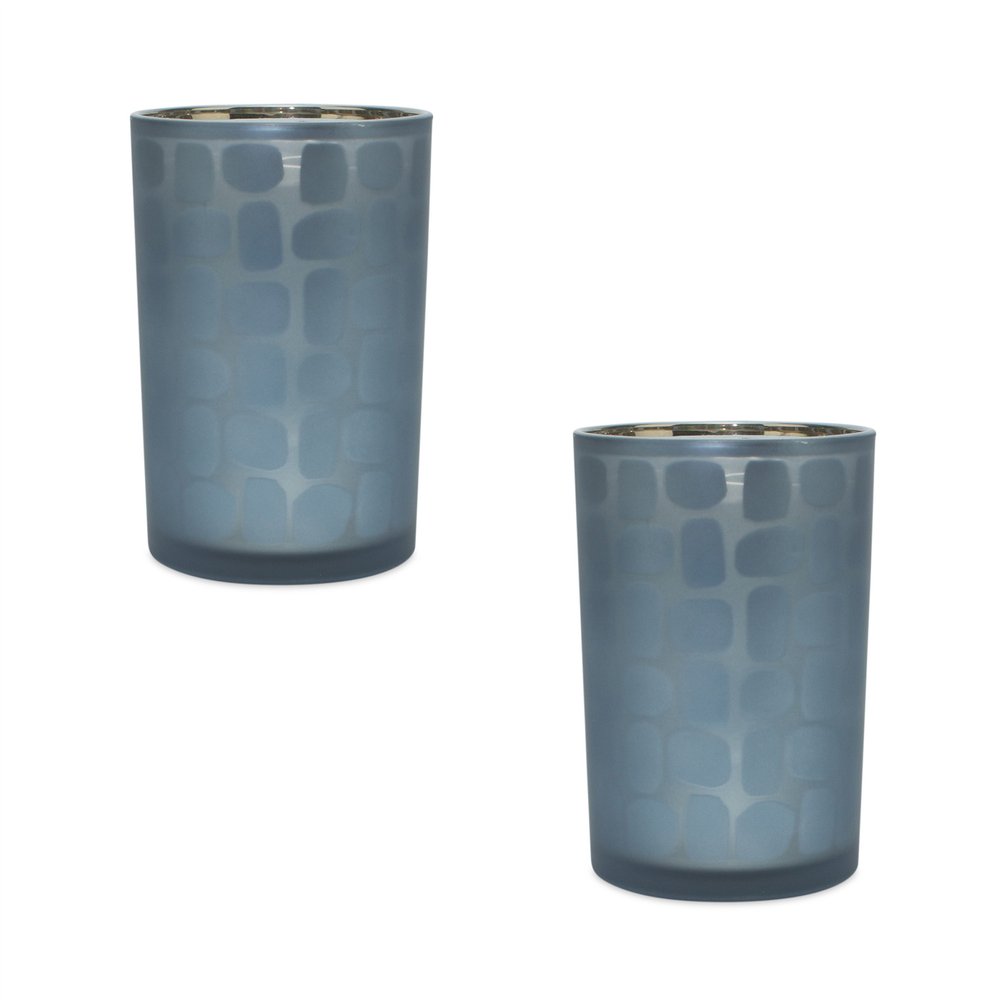 Set of Two Navy Blue Abstract Glass Tabletop Tealight Candle Holders HomeRoots