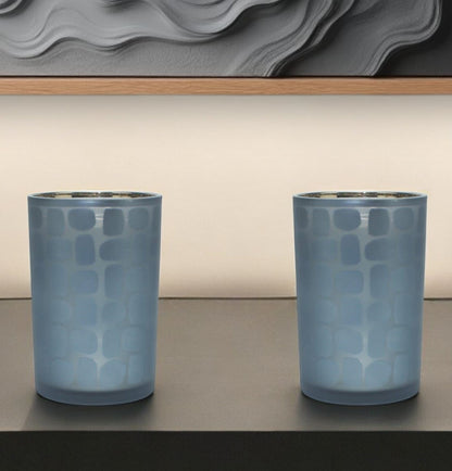 Set of Two Navy Blue Glass Abstract Tabletop Tealight Candle Holders