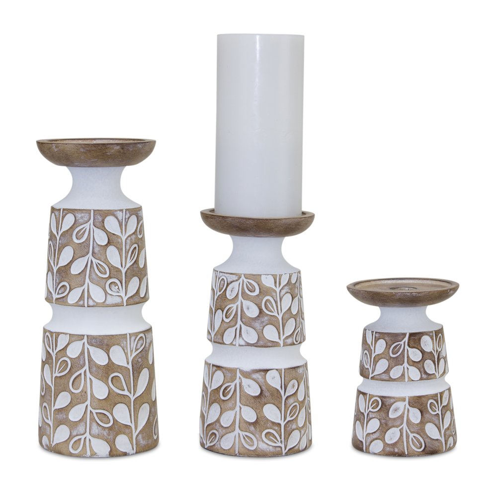 Set of Three Brown And White Botanical Leaf Stone Powder Tabletop Pillar Candle Holders HomeRoots