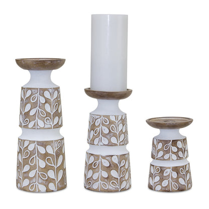 Set of Three Brown And White Botanical Leaf Stone Powder Tabletop Pillar Candle Holders HomeRoots