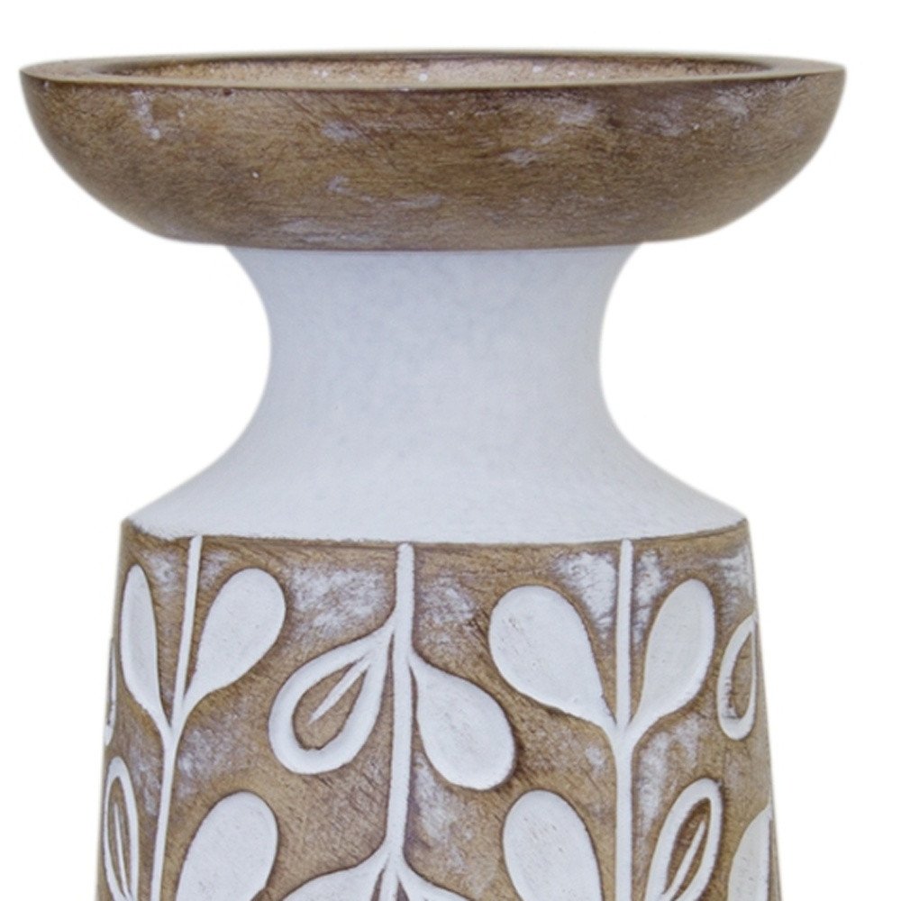 Set of Three Brown And White Botanical Leaf Stone Powder Tabletop Pillar Candle Holders HomeRoots