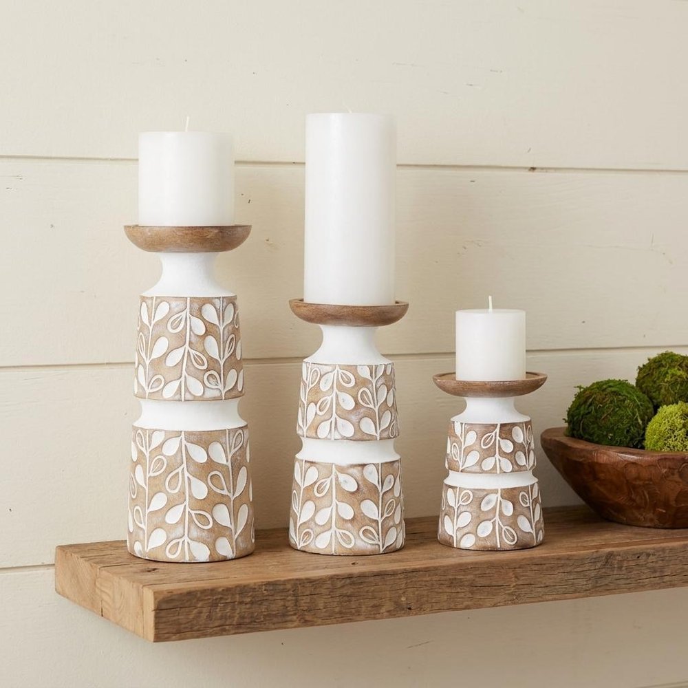 Set of Three Brown And White Botanical Leaf Stone Powder Tabletop Pillar Candle Holders HomeRoots