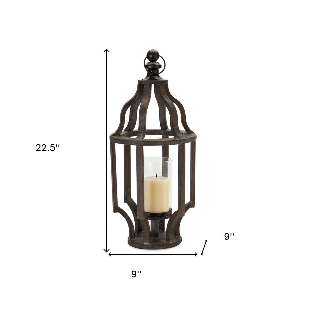 23" Black Geometric Wood And Glass Tabletop Lantern Candle Holder HomeRoots