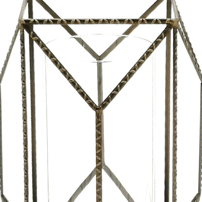 12" Gold Iron and Glass Geometric Floor Hurricane Candle Holder