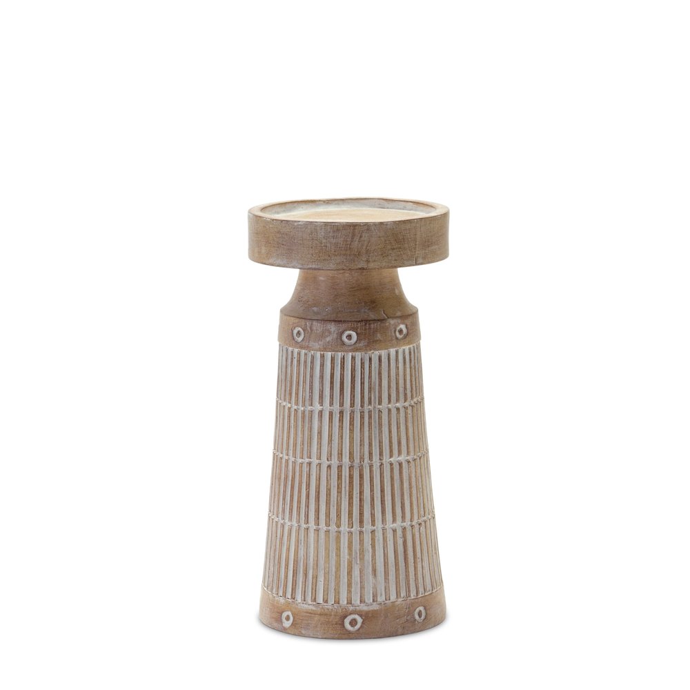 Set of Three Natural And White Distressed Geometric Polyresin Tabletop Pillar Candle Holders HomeRoots