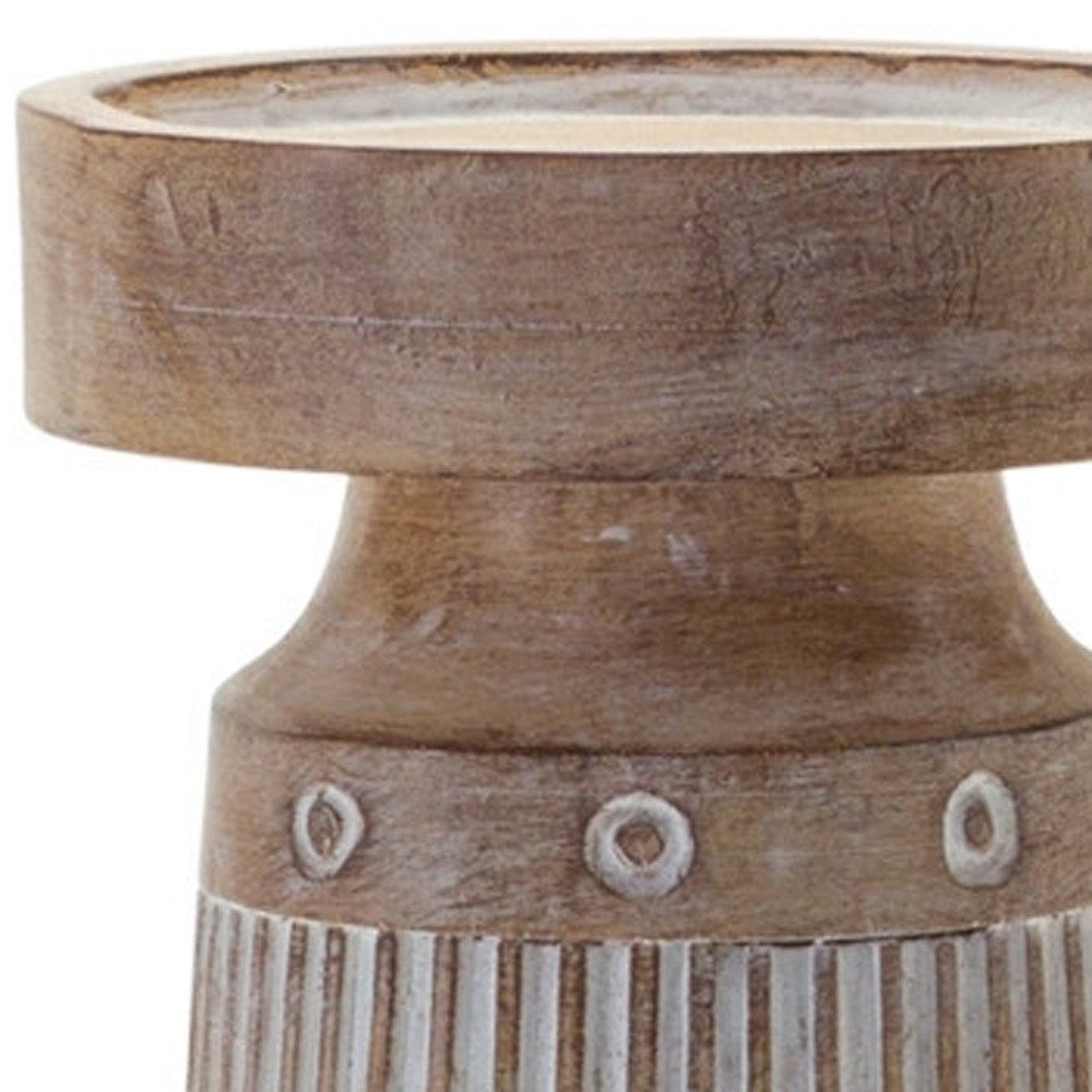 Set of Three Natural And White Distressed Geometric Polyresin Tabletop Pillar Candle Holders HomeRoots