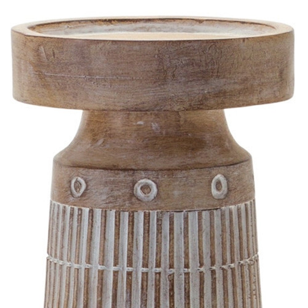 Set of Three Natural And White Distressed Geometric Polyresin Tabletop Pillar Candle Holders HomeRoots